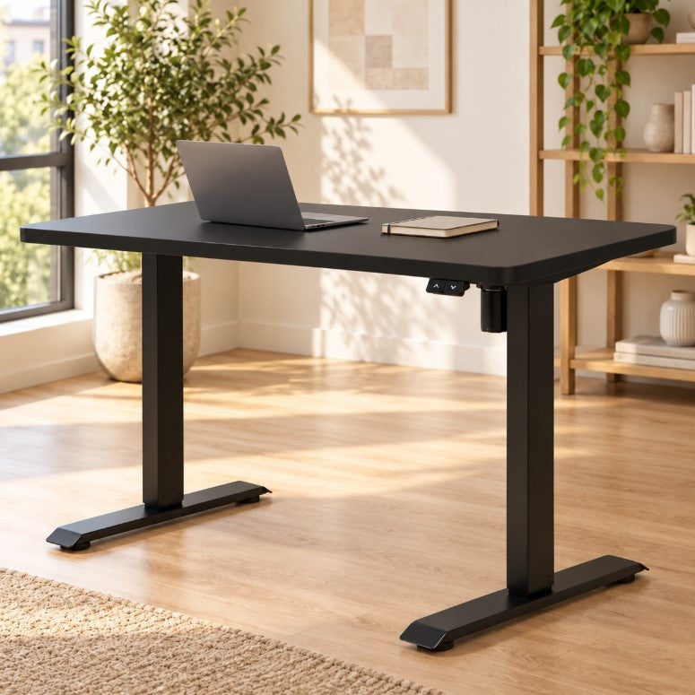 Birou Reglabil Electric SmartAdjust, Blat Negru 120 x 70 cm cu Margini Rotunjite si Profil Gros, Cadru Negru cu Latime Reglabila, 1 Motor, Nou