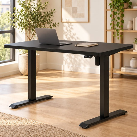 Birou Reglabil Electric SmartAdjust, Blat Negru 120 x 70 cm cu Margini Rotunjite si Profil Gros, Cadru Negru cu Latime Reglabila, 1 Motor, Nou