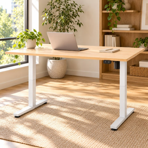 Birou Reglabil Electric SmartAdjust, Blat Crem 120 x 80 cm, Cadru Alb cu Latime Reglabila, 1 Motor, Controler Sus/Jos, Nou