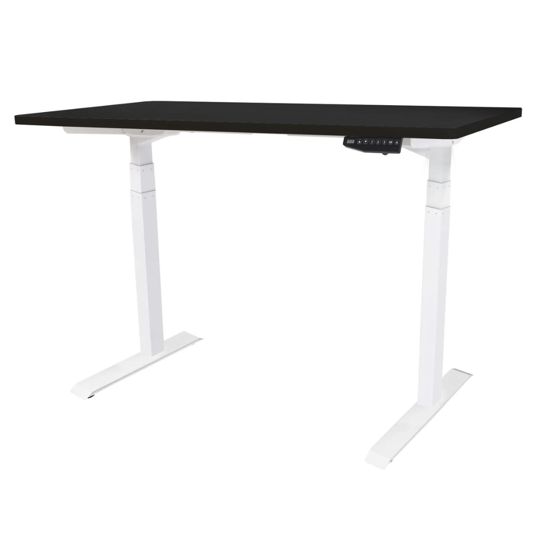Birou reglabil pe inaltime electric IntelliDesk, inaltime reglabila, blat alb 140x70 cm, cadru negru, 2 motoare, controler digital cu memorie, sistem anticoliziune, nou