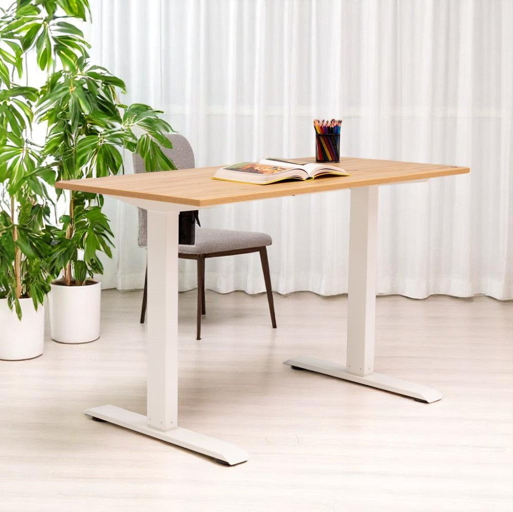 Birou reglabil electric SmartAdjust, inaltime reglabila, blat stejar 140x70 cm, cadru alb, controler sus/jos, 1 motor, nou